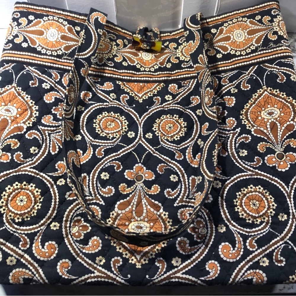 Vera Bradley Elegant Black and Burnt Orange Patterned Tote Bag